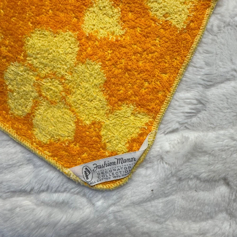Vintage Fashion Manor Yellow Orange Floral Cotton Hand Towel Washcloth Set 70s